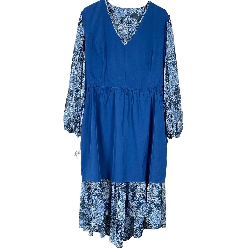 Joie Blue Women Midi XL Abstract Print Tiered Long Sleeve V-Neck High Low Dress